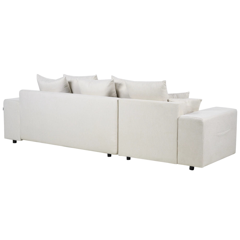 Divano angolare a destra in tessuto beige chiaro a 3 posti con cuscini extra sparsi Soggiorno moderno