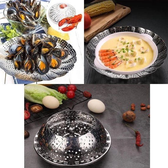 Stufa da vapore in acciaio inossidabile, regolabile con manico estensibile per verdure e frutta, cesta pieghevole, inossidabile e adatto al lavastoviglie, per la preparazione di cibi per bambini (9'')