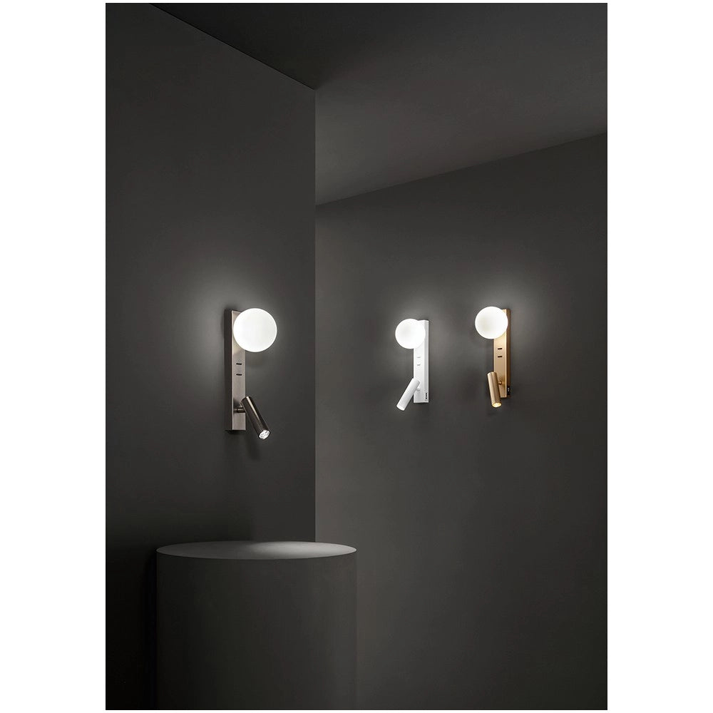 Fog - Applique da Comodino con USB e USB-C, Led 3W + G9, Sfera Bianca, 3000K, Corpo Orientabile, Diffusore in Vetro - Perenz - Oro