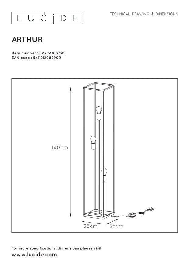 Lucide Arthur lampada da terra 3xE27 nero oro 140cm