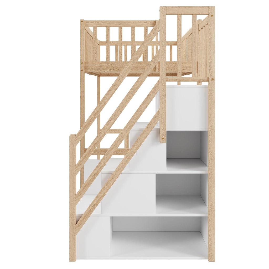 Letto a soppalco 90x200 cm in legno naturale con scala contenitore