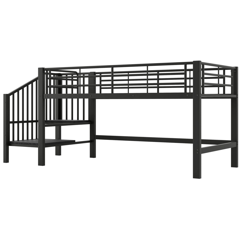 Letto semialto per bambini 90x200 cm con scala contenitore in MDF e metallo nero