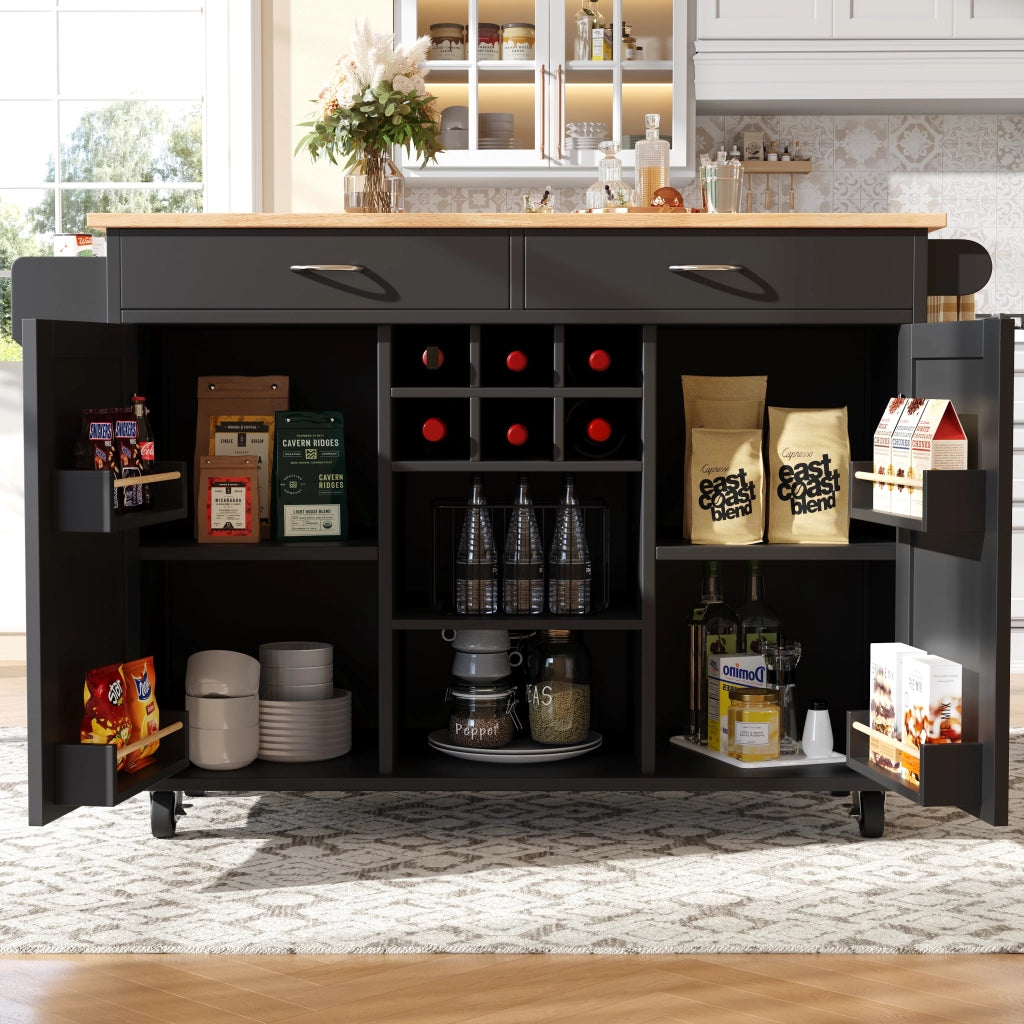 Carrello da Cucina con Portabottiglie; Ripiani Regolabili e Ruote con Freno; in MDF e Metallo; 102x45x92 cm; Nero