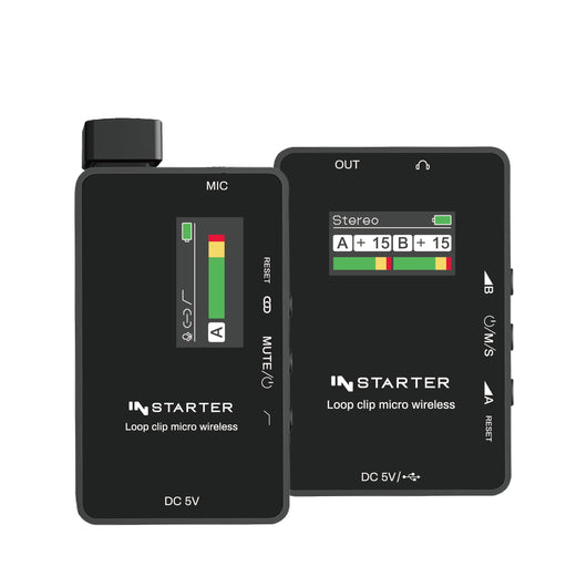 Sistema lavalier wireless Instarter con microfono integrato, 1 trasmettitore e 1 ricevitore, portata 50 m, connessione USB-C e batteria 6 h, ideale per registrazioni con telefono, tablet e PC