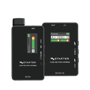Sistema lavalier wireless Instarter con microfono integrato, 1 trasmettitore e 1 ricevitore, portata 50 m, connessione USB-C e batteria 6 h, ideale per registrazioni con telefono, tablet e PC
