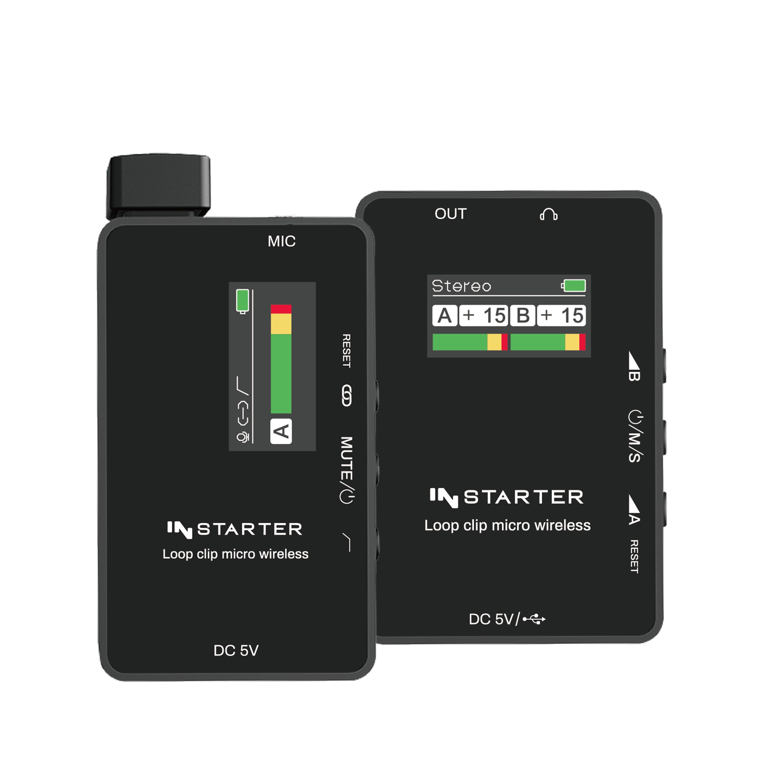 Sistema lavalier wireless Instarter con microfono integrato, 1 trasmettitore e 1 ricevitore, portata 50 m, connessione USB-C e batteria 6 h, ideale per registrazioni con telefono, tablet e PC