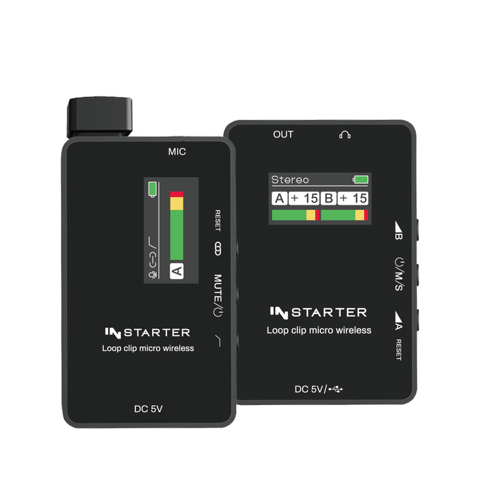 Sistema lavalier wireless Instarter con microfono integrato, 1 trasmettitore e 1 ricevitore, portata 50 m, connessione USB-C e batteria 6 h, ideale per registrazioni con telefono, tablet e PC
