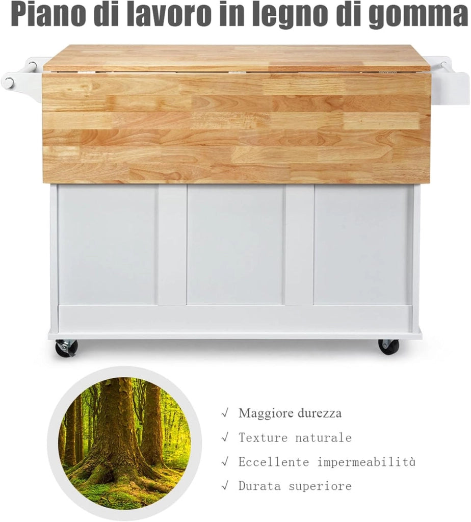 Carrello da Cucina in Legno, Credenza Cucina Salvaspazio con Mensole Regolabili, Armadietto per Microonde con Cassetti, 136 x 76 x 91 cm (Bianco)