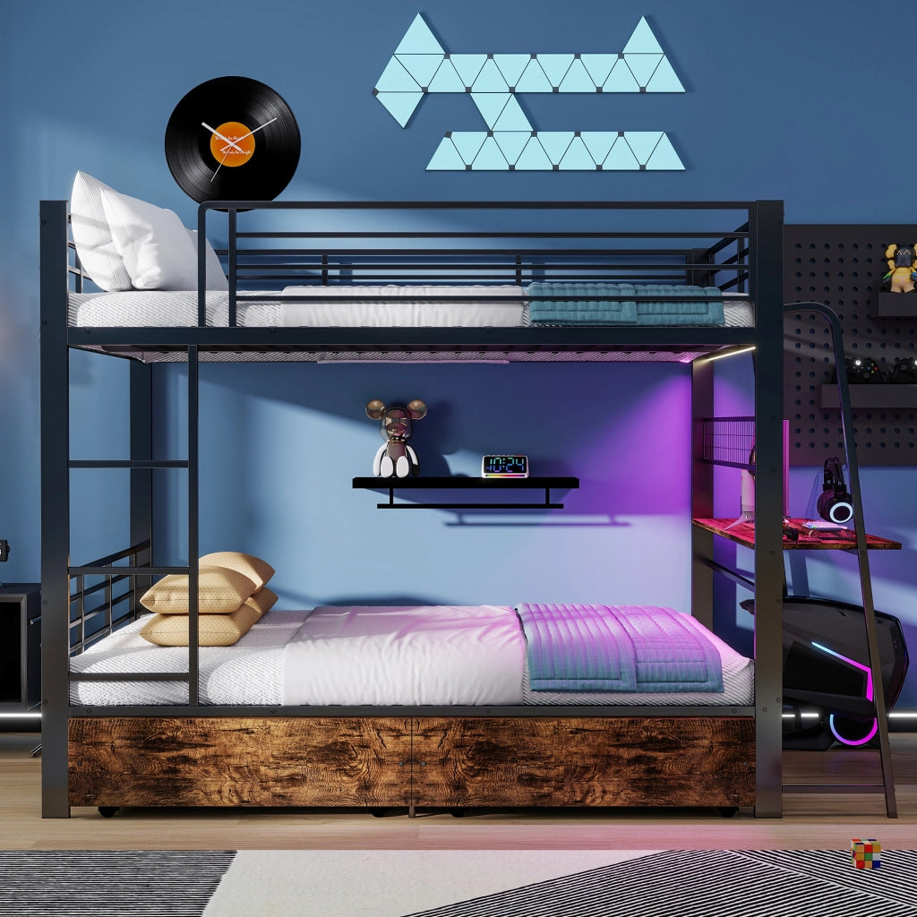 Letto a soppalco 140 × 200 cm con scrivania, 2 cassetti, LED RGB, presa USB e Type-C, senza materasso, nero
