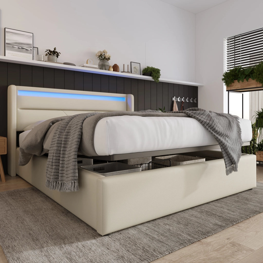 Letti contenitori 160x200 cm; illuminazione LED; PU bianco (Senza materasso)