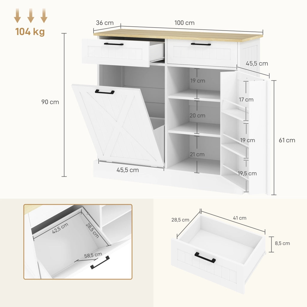 Mobile da cucina con cestino 38L, 2 cassetti, ripiano spezie e piano lavoro ¨C zephmum ¨C bianco