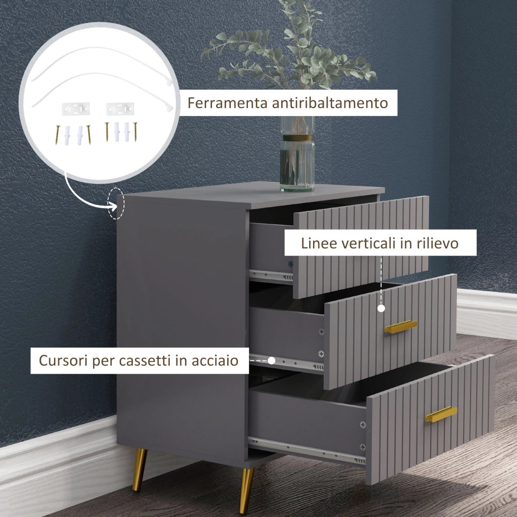 Cassettiera 3 Cassetti Moderna in Legno e Alluminio, 60x40x71.5 cm, Oro e Grigio Scuro