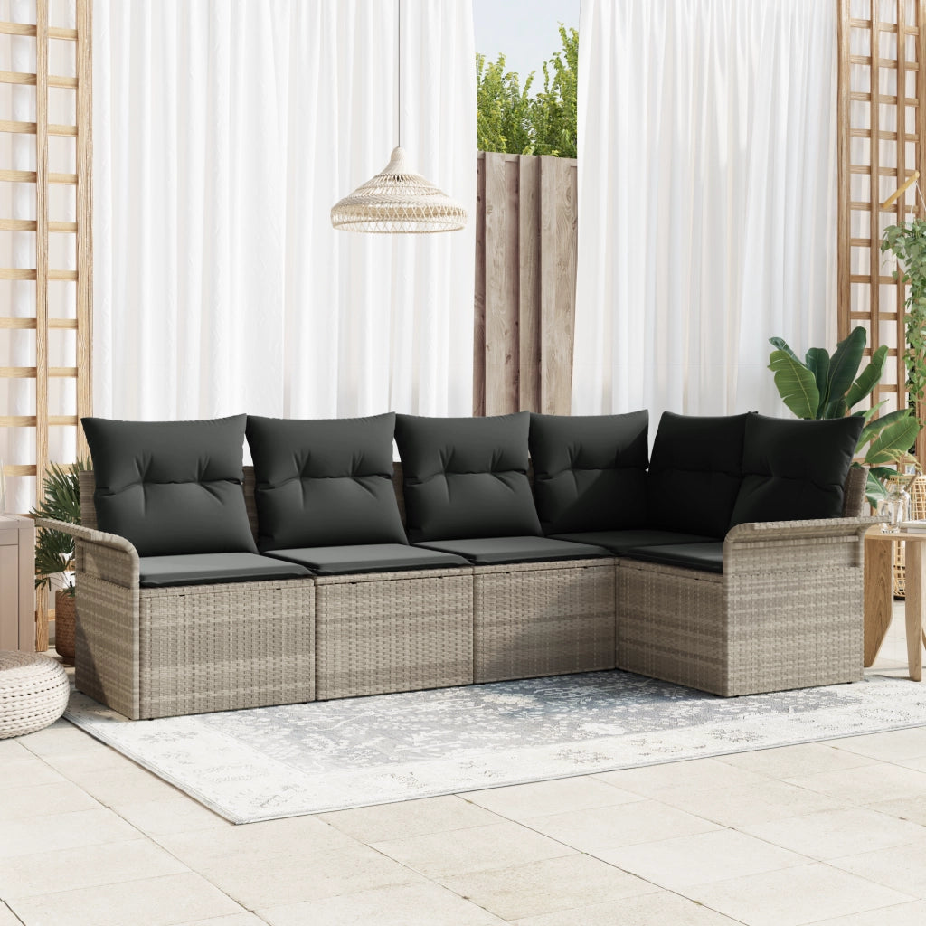 Set di divani da giardino con cuscini  5 pezzi Grigio chiaro Polyrattan