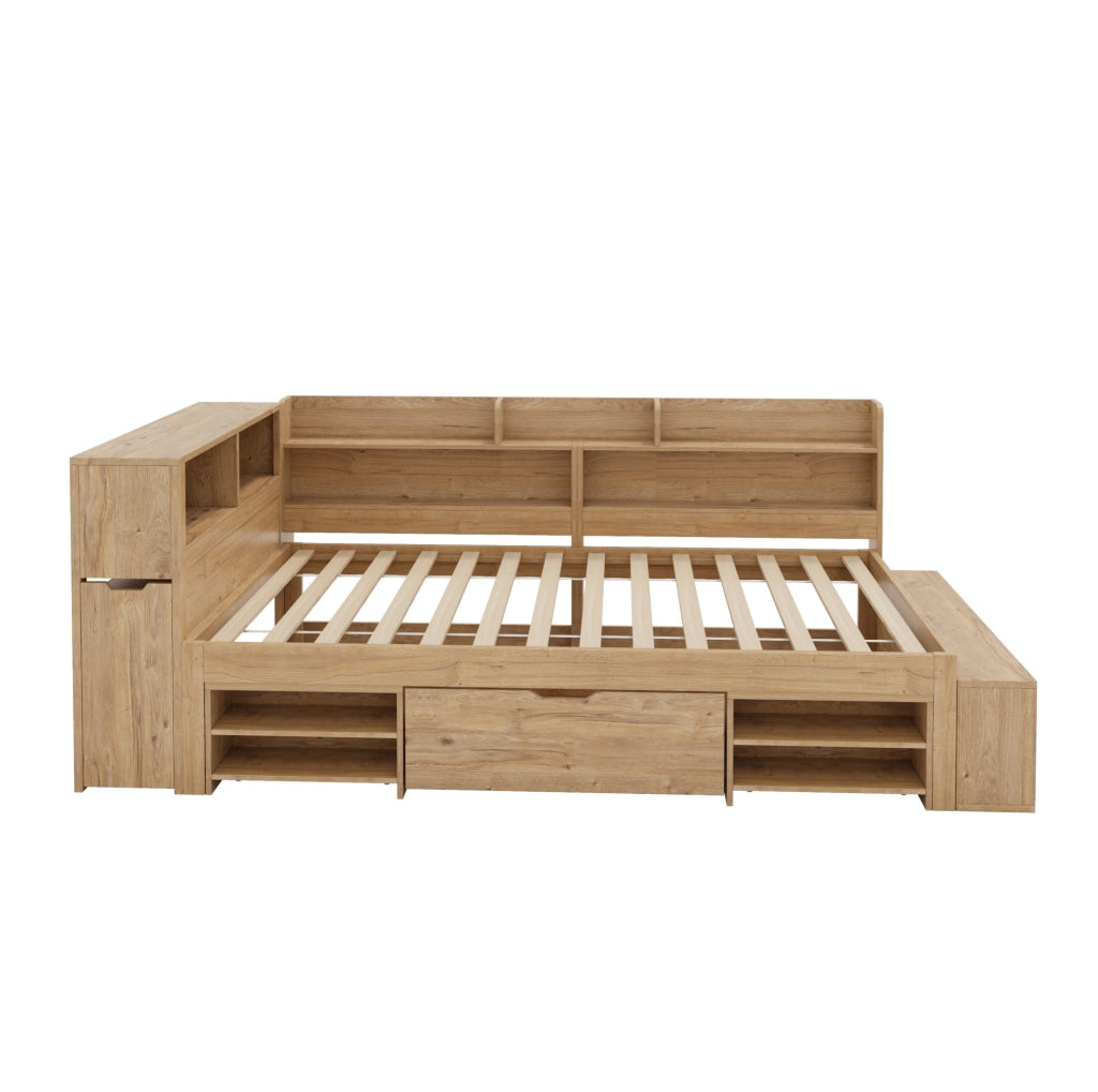 Letto per bambini 90x200 cm con cassetti; scaffali e contenitori in multistrato colore naturale