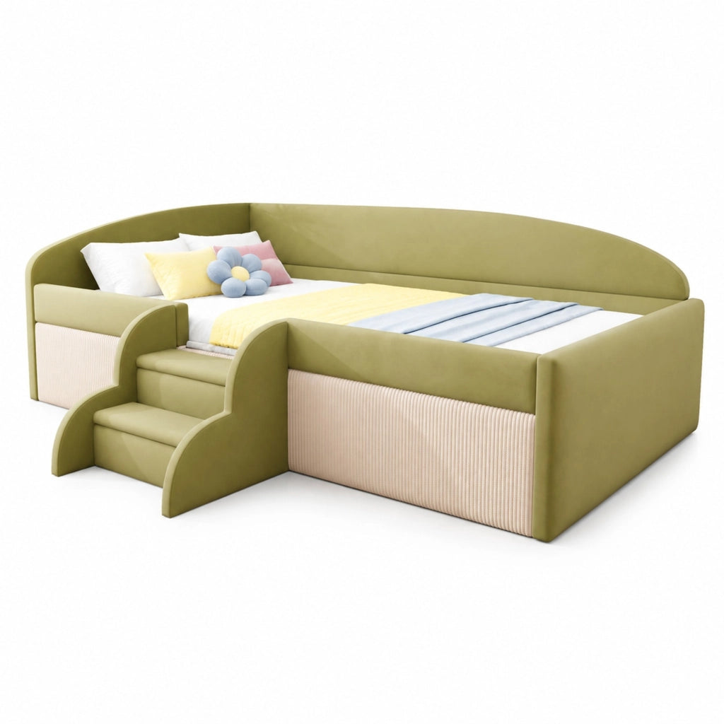 Letto per bambini singolo 90×190 cm con scalini e barriera; senza materasso; velluto; verde e avorio