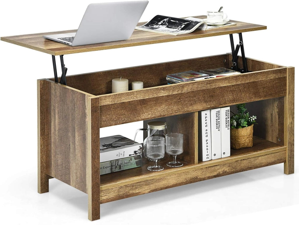 Tavolino Salotto Sollevabile, Tavolino da Caffè Basso con Scompartimenti Nascosti e Mensole, Tavolino Moderno per Soggiorno, Salone e Studio, 109 x 47,5 x 50-63 cm (Quercia)