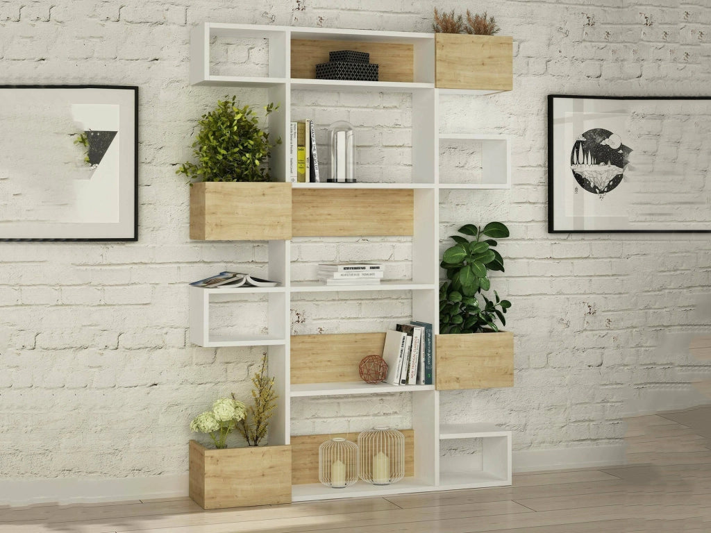 Libreria Artich, Scaffale da ufficio, Mobile portalibri, Biblioteca, 120x25h171 cm, Bianco e Rovere