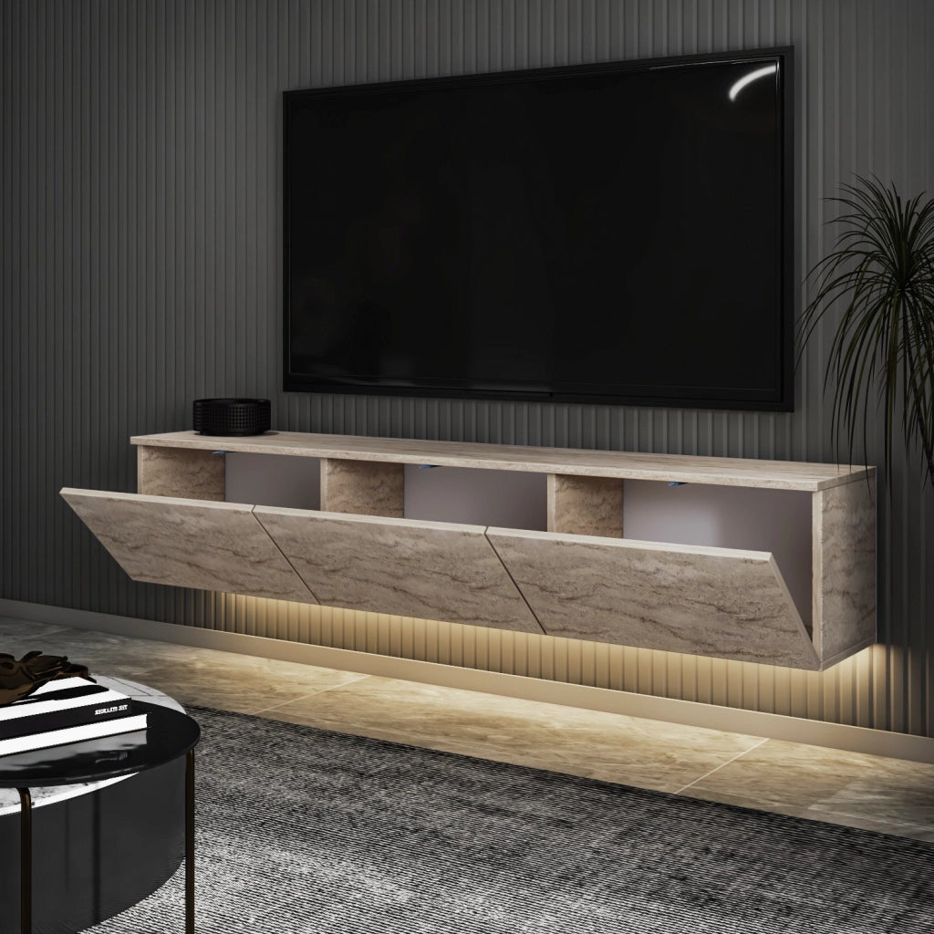 Mobile TV a parete in legno con illuminazione LED "Neon illuminated" - 160 x 32 x 35 cm - Travertino