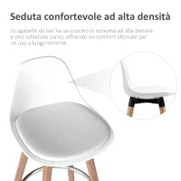 Set 2 Sgabelli da Bar Stile Nordico con Schienale, Cuscino e Poggiapiedi, Legno e Plastica, Bianco
