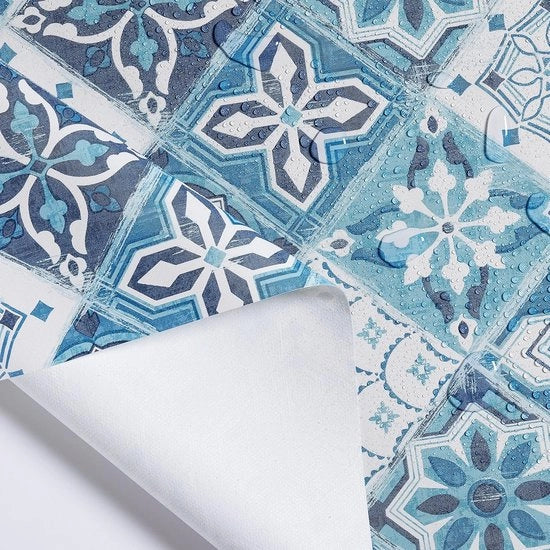 Tappeto per pavimento rettangolare 300x140cm Azulejo portoghese PVC rimovibile Bianco Blu