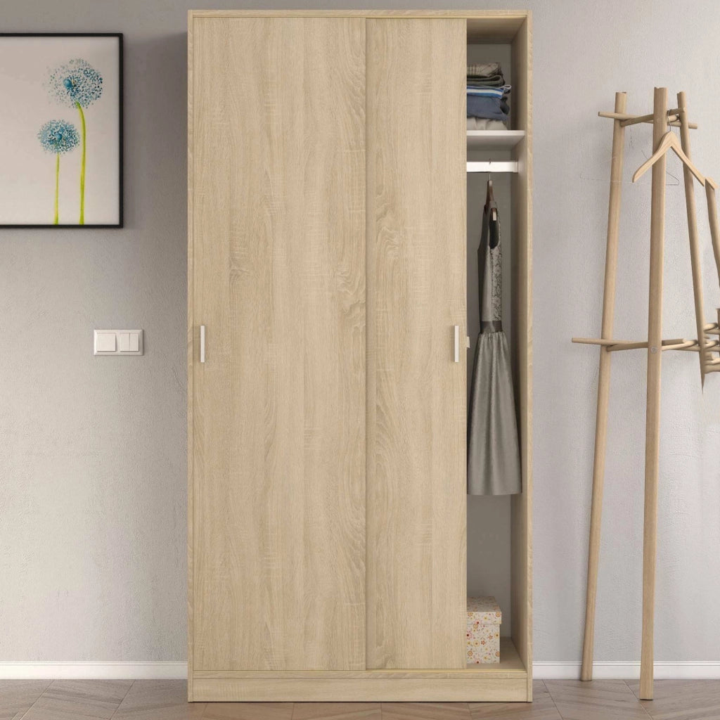 Guardaroba Alt, Armadio per camera da letto a 2 ante scorrevoli, Mobile con ripiano e barra appendiabiti, cm 100x50h200, Rovere