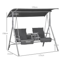 Dondolo 2 Posti con Tavolino e Portabicchieri, in Metallo e Poliestere, 175x110x165 cm, Grigio
