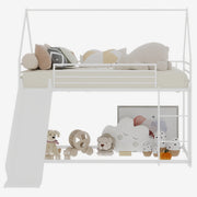 Letto a Castello 90x190 cm; 2 Posti; con Scivolo e Scale - in Ferro - Bianco