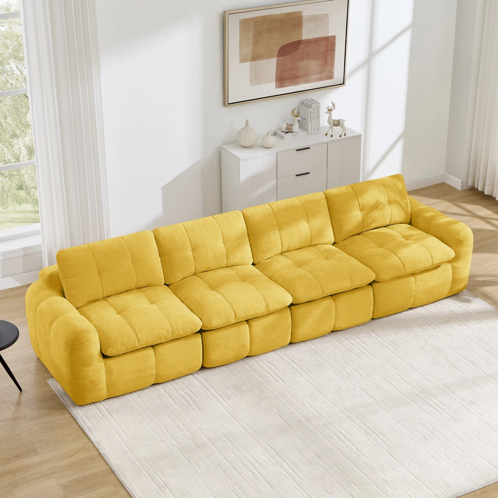 Divano modulare 4 posti in chenille con seduta ampia e profonda, cuscini morbidi e senza montaggio giallo
