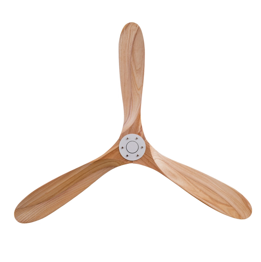 Ventilatore a soffitto senza luce in legno e metallo, bianco e naturale, con telecomando