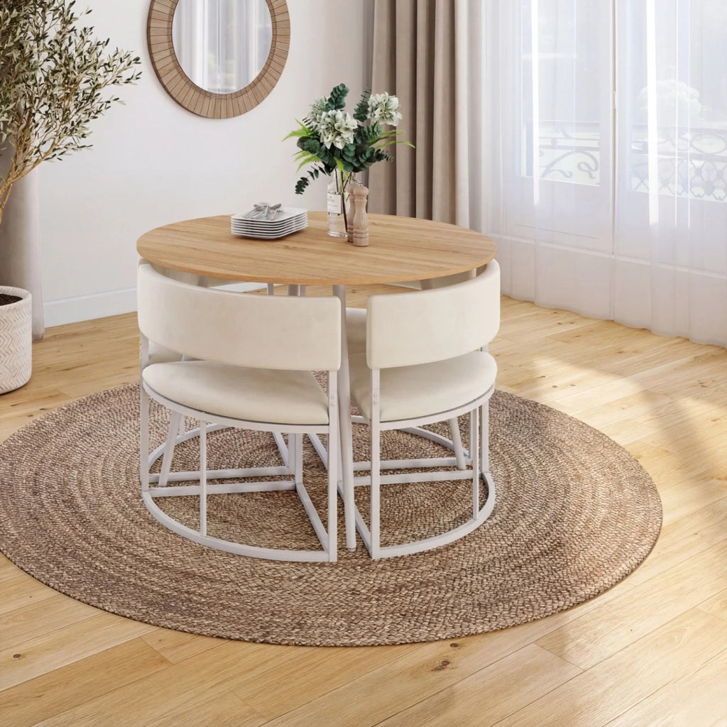 IDMarket - Set composto da tavolo e 4 sedie incastrabili MILENE in metallo bianco, con piano effetto faggio e rivestimento in velluto beige