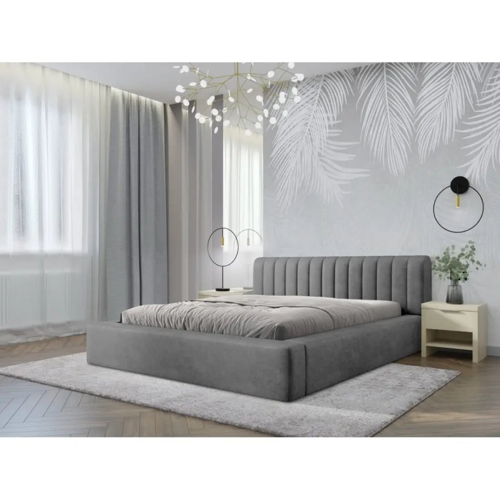 Lettino contenitore CERVIN - Velluto morbido Perla di cemento - 140x200 cm - Rete sollevabile - Design contemporaneo