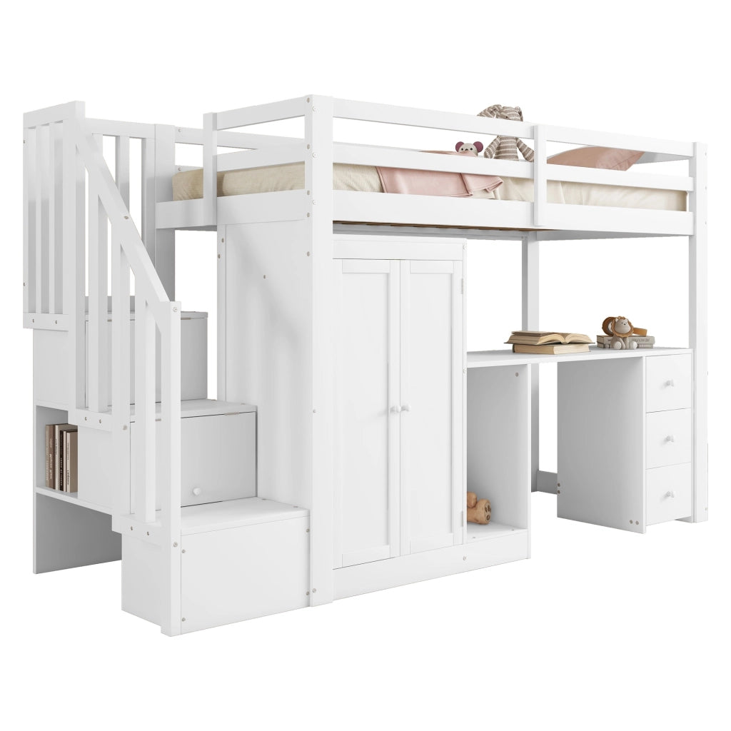 OKWISH Letto a Soppalco 90×200 cm, Letto Singolo con Scrivania, Armadio, 3 Cassetti, Scala Contenitore e Vano a Giorno, senza Materasso, Bianco