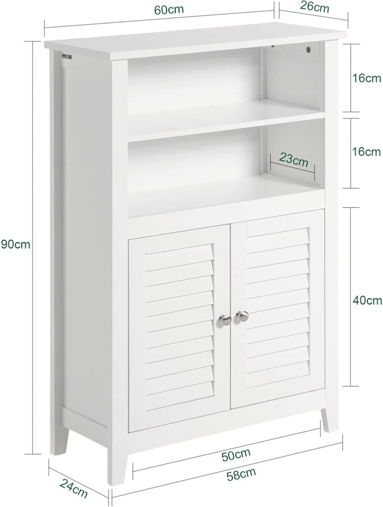 Armadio da Bagno – Mobile da Bagno Salvaspazio con Ripiani e Porte, Credenza in Legno Stretto per Corridoio e Soggiorno, Bianco, 60 x 90 x 26 cm, BZR13-W