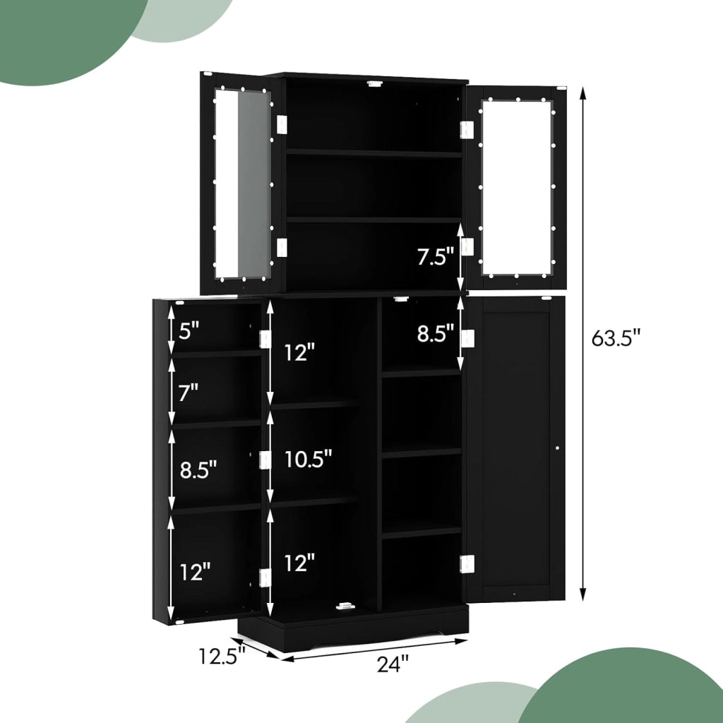 Armadietto portaoggetti da 161,3 cm, autoportante, alto, per cucina, bagno, soggiorno, ufficio, credenza in legno con ante e ripiani in vetro, 31,8 x 61 x 161,3 cm (nero)