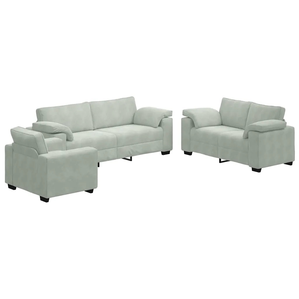 Set di Divani 3 pz con Cuscini Grigio Chiaro in Velluto