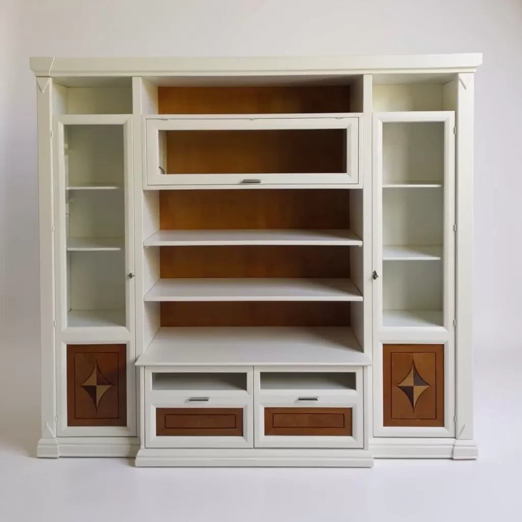 Parete attrezzata shabby legno bianca noce bassano con intarsi 267x56x236 - Mobili 2G