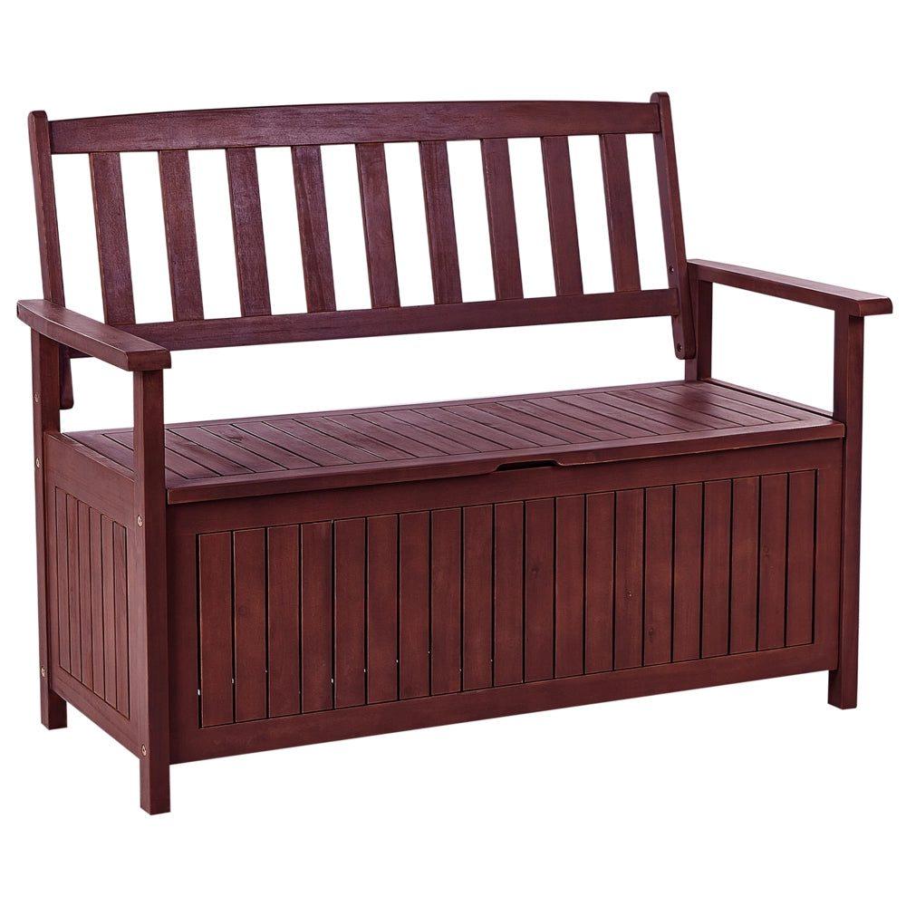 Panca da Esterno con Contenitore in Legno Massello di Acacia 2 Posti 120 cm Rosso Mogano e cuscino grigio