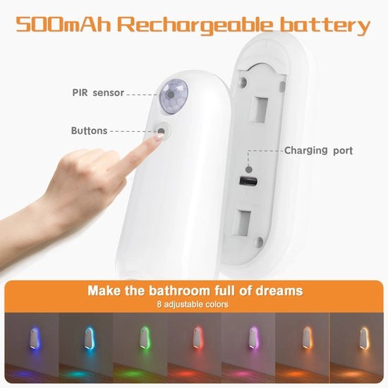 Lampada da bagno con sensore di movimento, 8 colori che si alternano, ricaricabile tramite USB-C, accessoriato per bagno, impermeabile a spruzzi, lampada da notte per bagno, ingresso e scale, set da due pezzi.