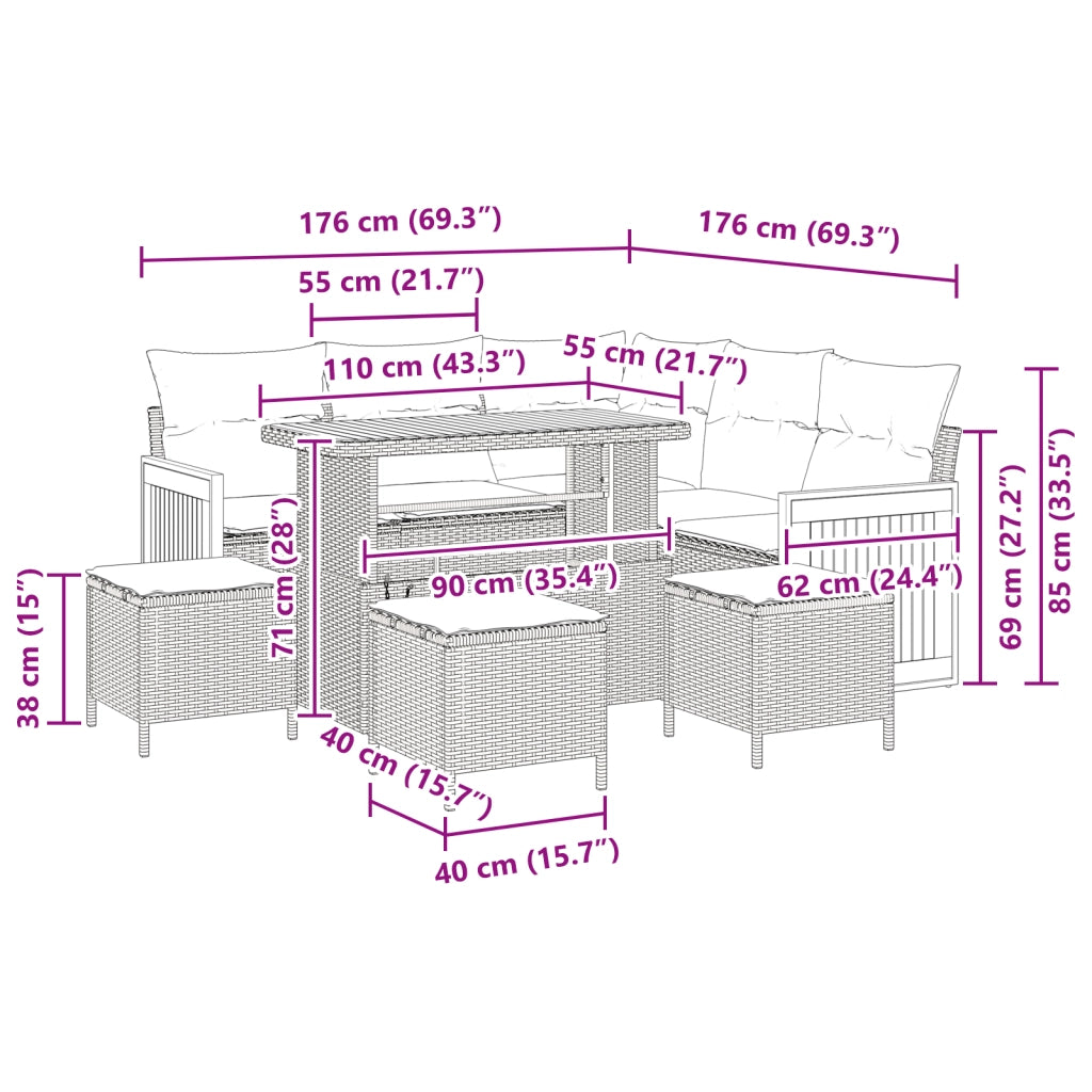 Set Divano da Giardino 9 Pezzi con Cuscini Nero Polyrattan Acacia