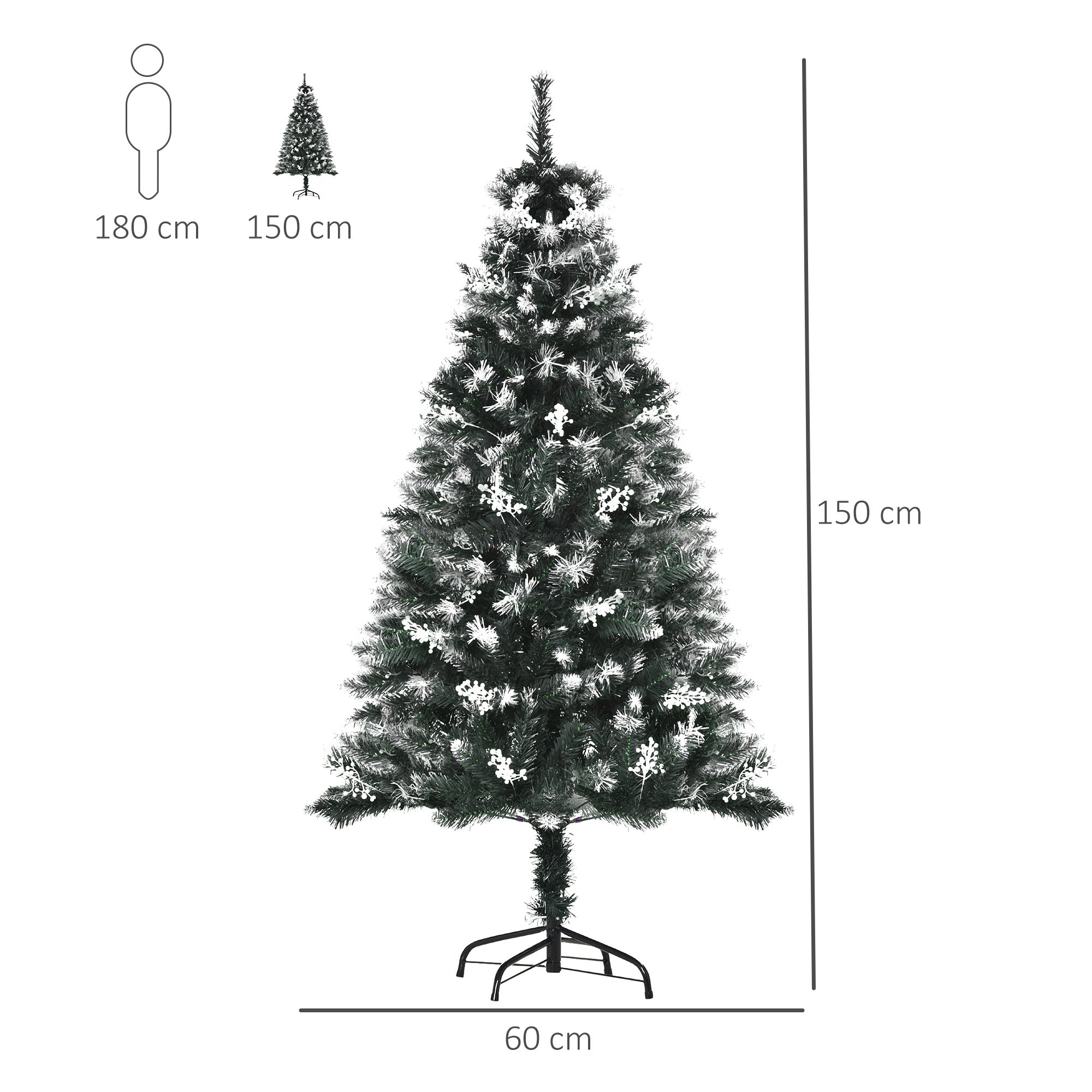 Albero di Natale Artificiale Innevato 150 cm 378 Rami con Bacche Verde