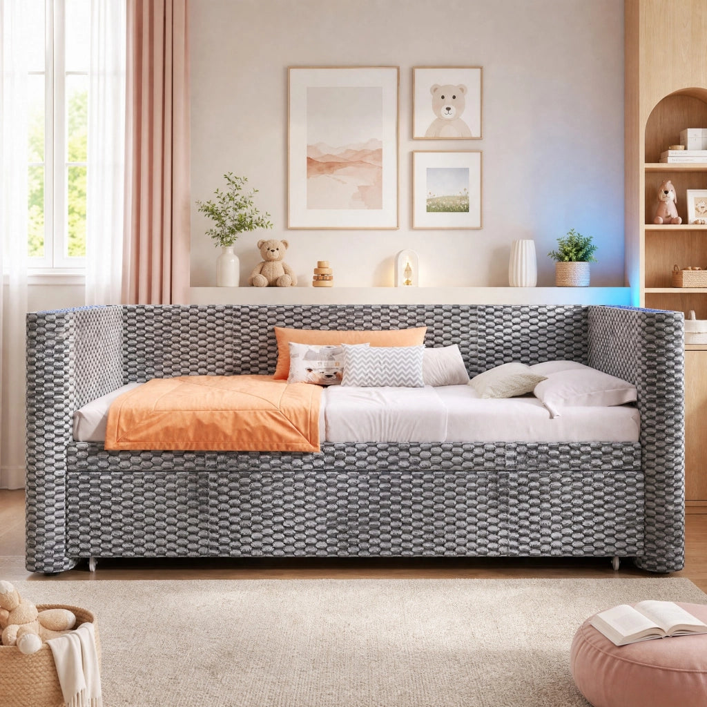 Letto estraibile multifunzione in velluto grigio con LED