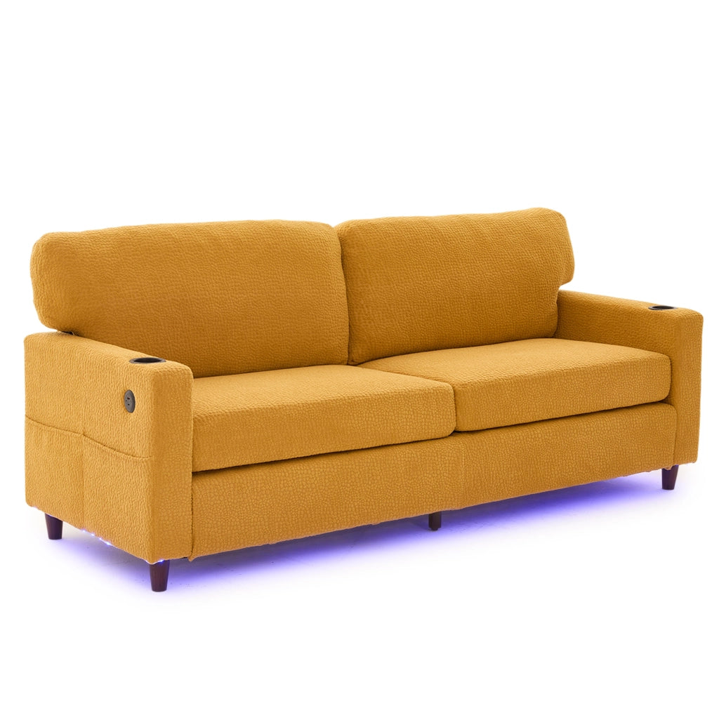 Divano a 2 posti 203x77.5x86 cm con USB-C; LED e portabicchieri in chenille giallo senape