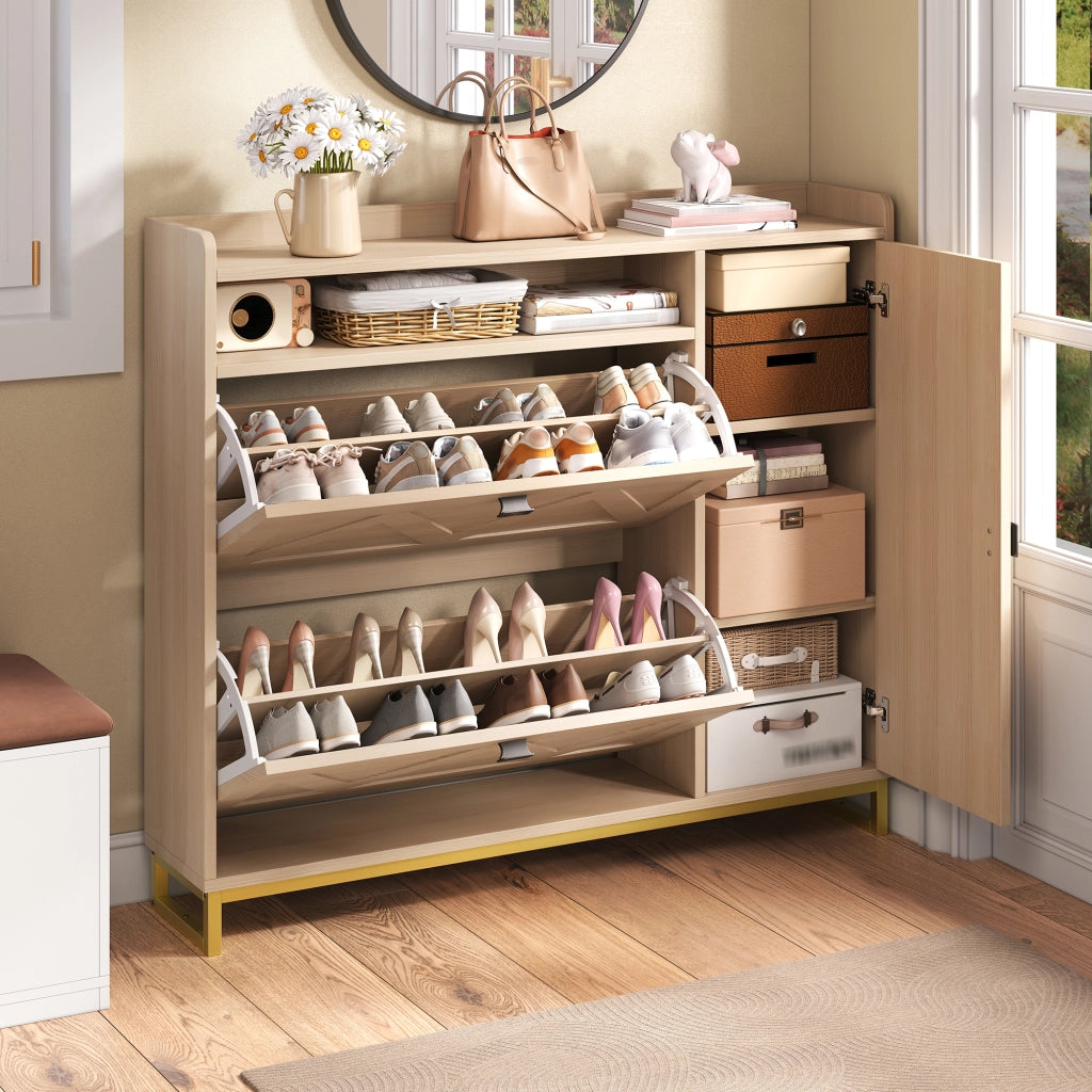 Armadio per scarpe con coperchio ribaltabile doppio - Zephmum- Ripiano superiore aperto, porte geometriche, struttura in metallo