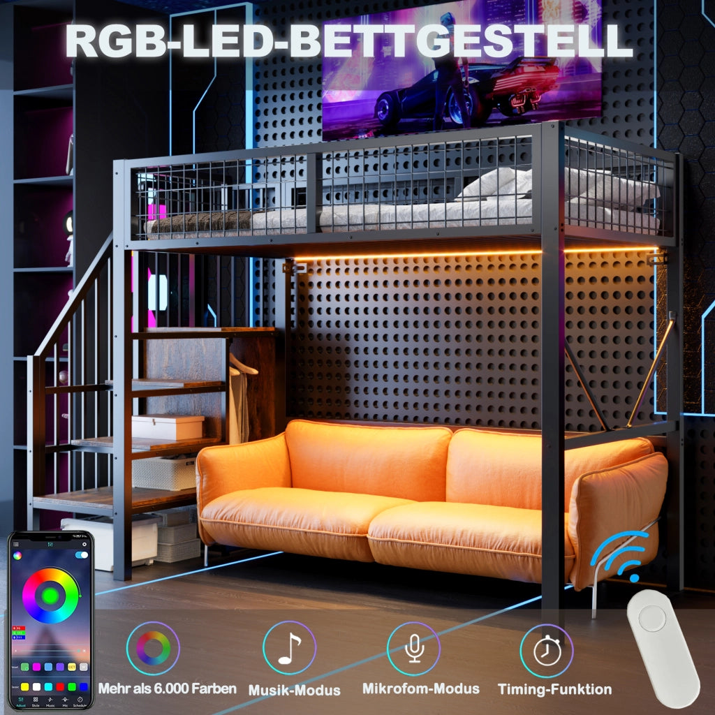 Letto a soppalco 90 × 200 cm 1 posto con scala contenitore, LED e barriera, senza materasso, nero
