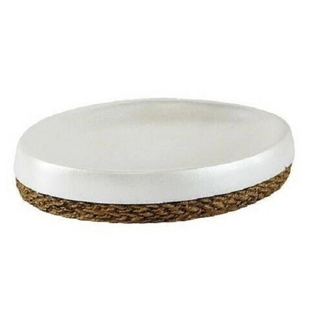 Trade Shop - Piatto Piattino Porta Sapone Saponetta Bagno In Ceramica Bianca E Corda 10377 -