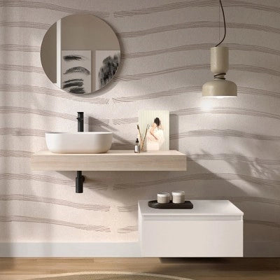 Composizione bagno con mensolone 120 cm rovere bali e cassettiera sospesa 80 cm in bianco opaco - Sumo