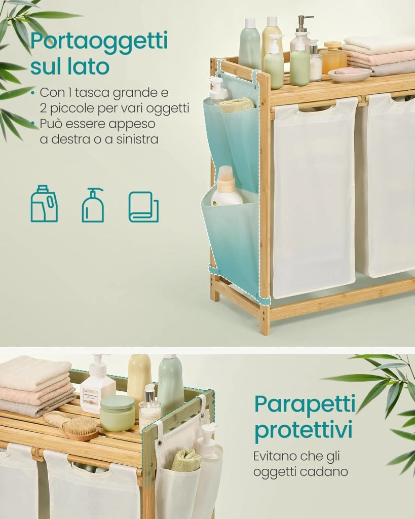 SONGMICS Cesto Portabiancheria a 2 Scomparti, Cesto Biancheria Sporca in Bambù 100 L, Porta Biancheria con Piano, Tasche Laterali, 2 x 50 L, 63 x 33 x 78 cm cm, Bianco Crema RLH100W01