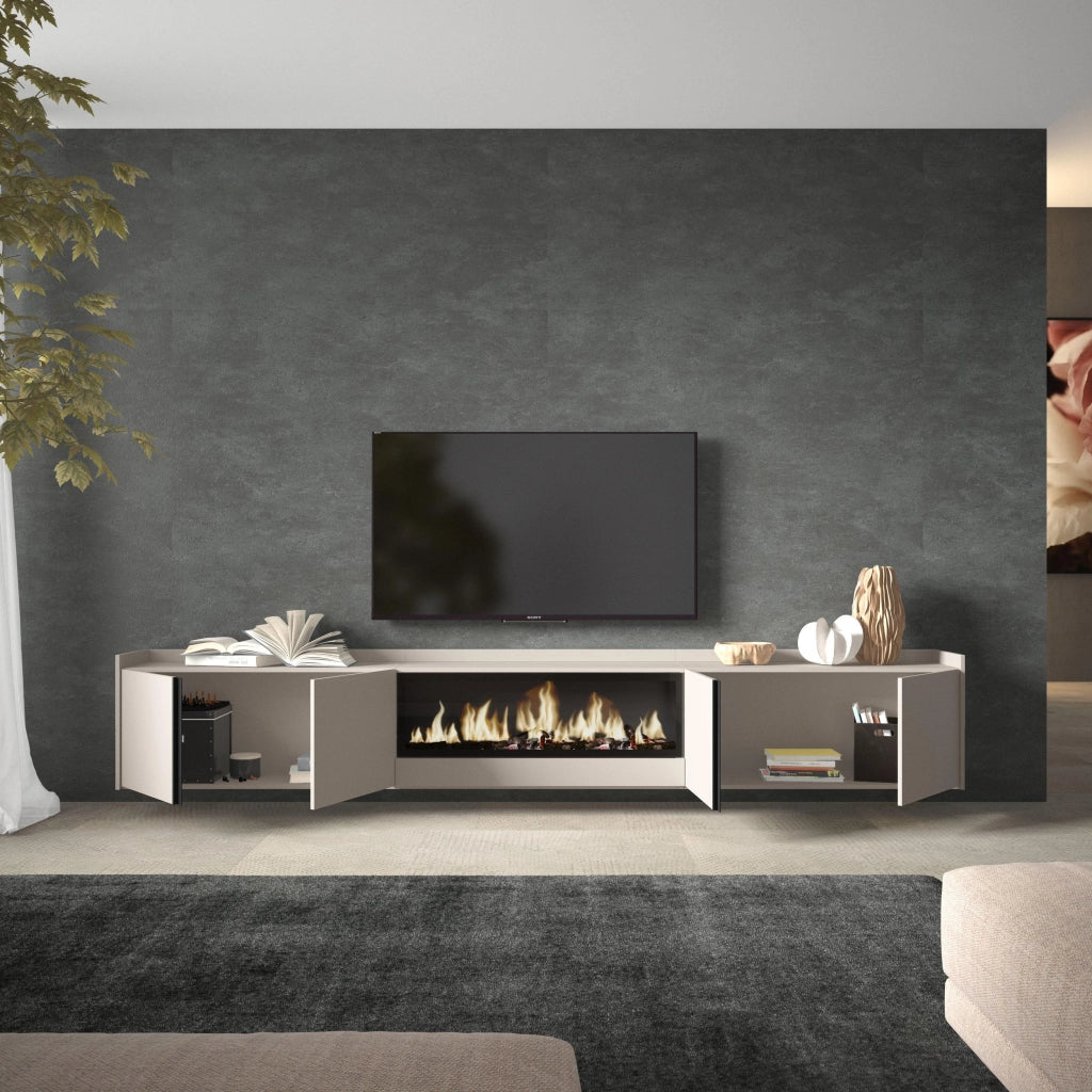Mobile TV Soggiorno, 315x50x35 cm, Per TV fino a 80", Camino elettrico XXL, Sospeso, da appendere, Beige