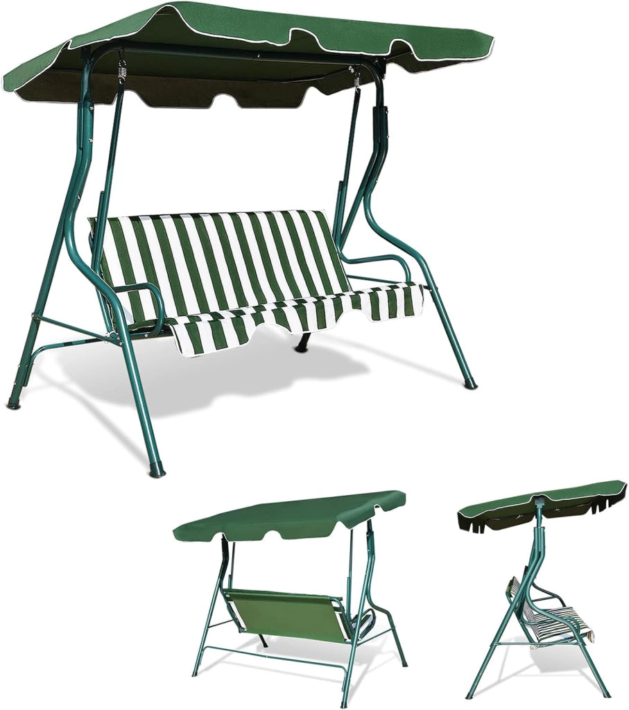 Dondolo da Giardino 3 Posti, Dondolo da Esterno in Metallo con Tetto Parasole Regolabile e Schienale, Dondolo da Balcone, per Patio, Terrazzo, Balcone, 172 x 110 x 154 cm (Verde)