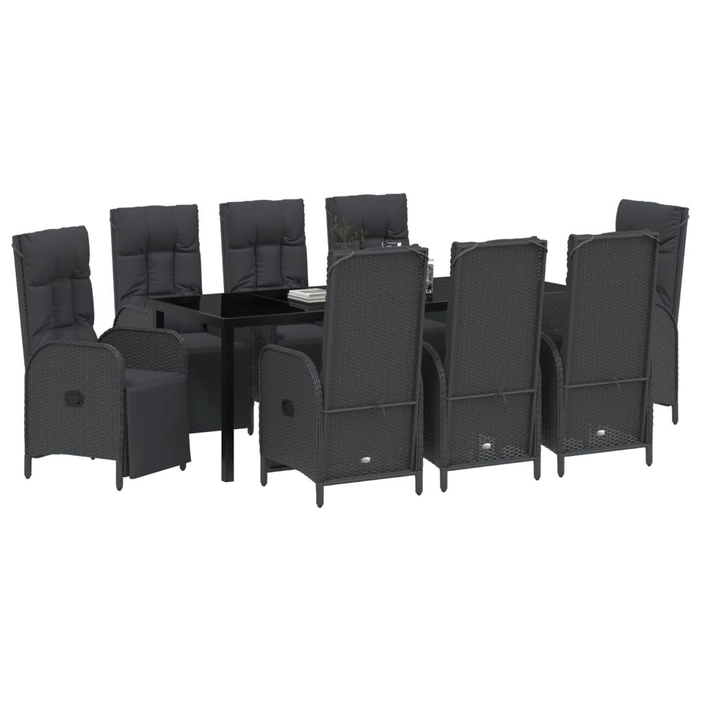 Set da pranzo da giardino 9 pezzi con cuscini neri in polyrattan
